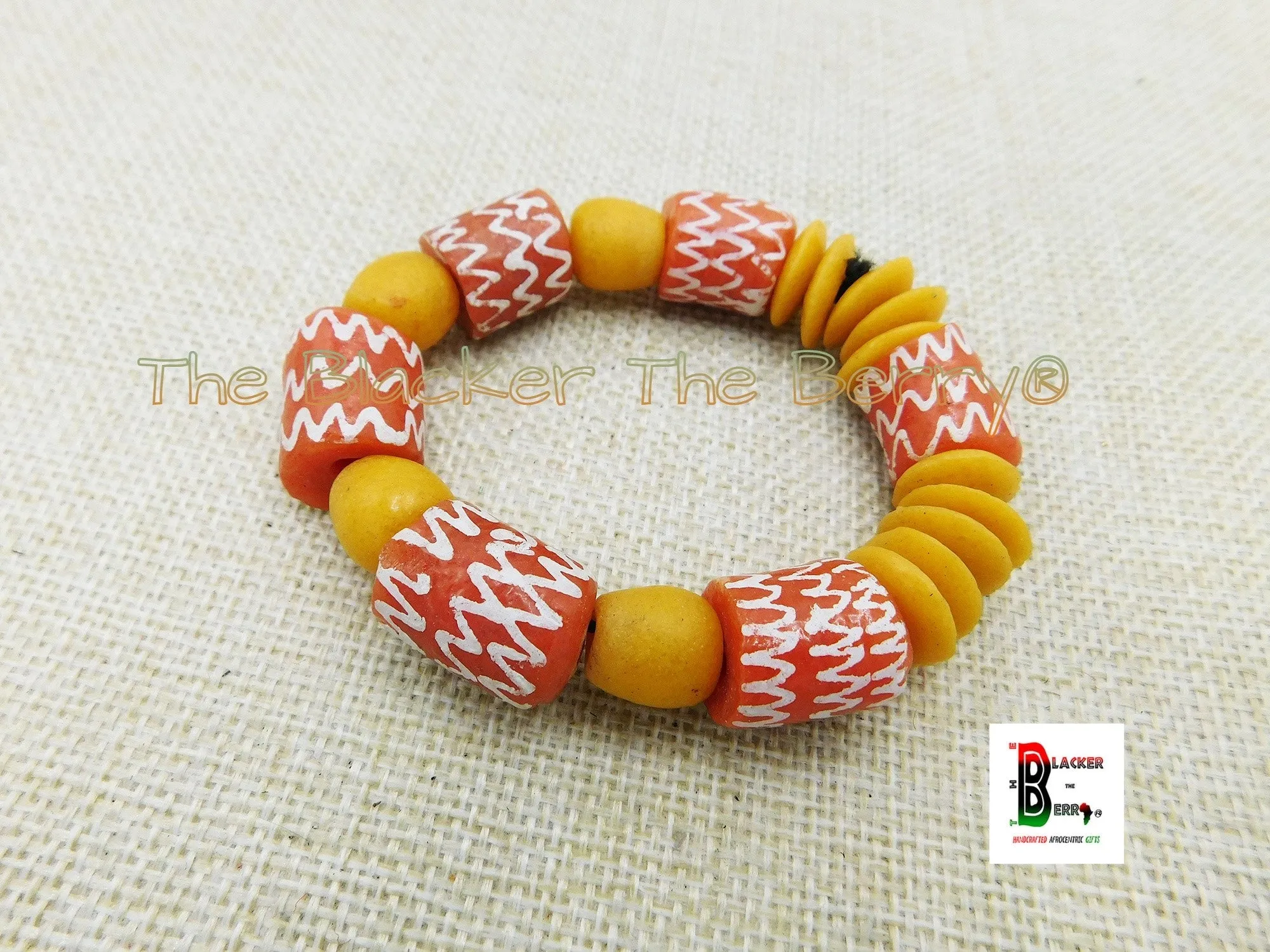 Large African Beaded Bracelet Women Jewelry Orange White Hand Painted