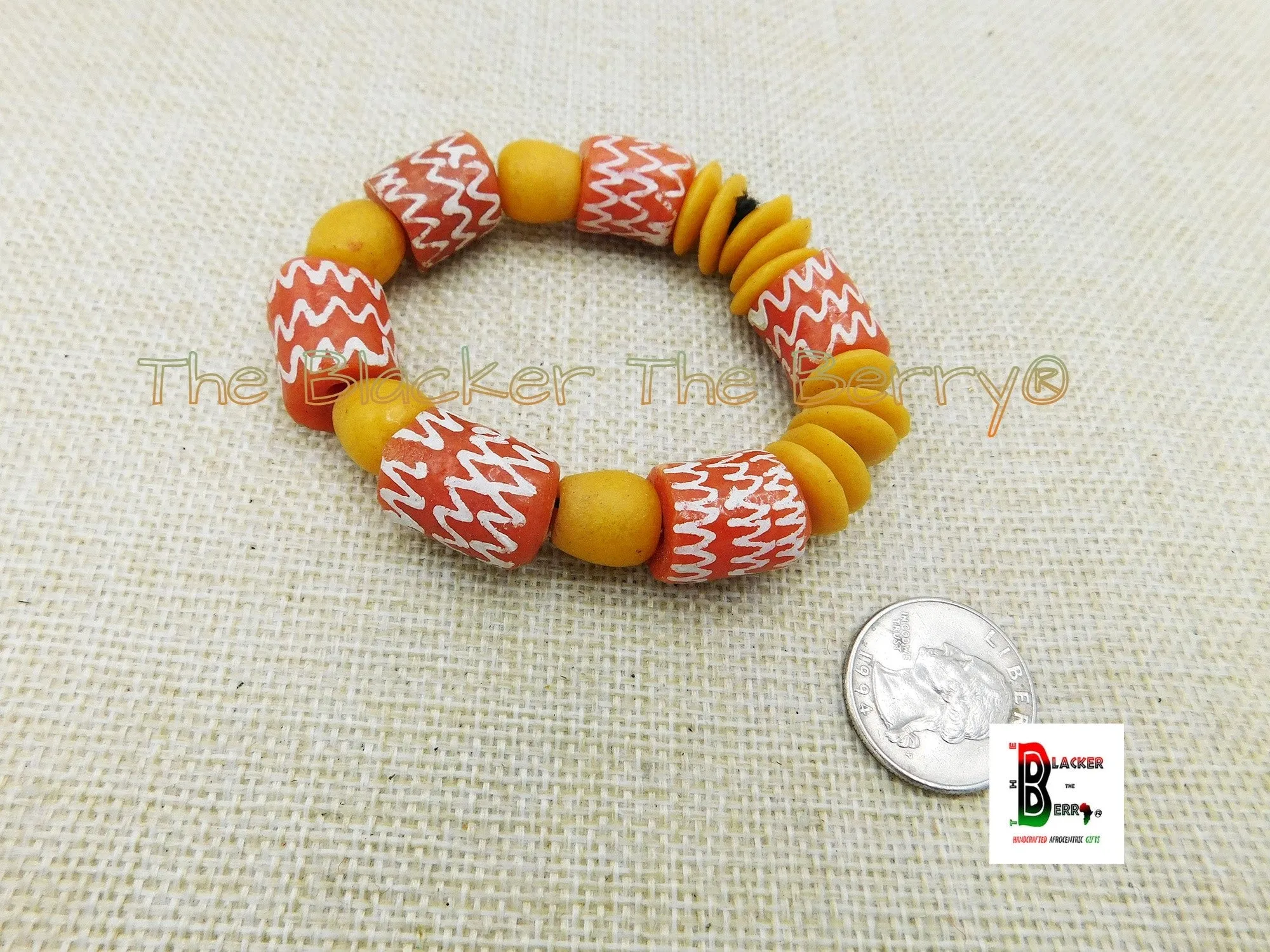 Large African Beaded Bracelet Women Jewelry Orange White Hand Painted