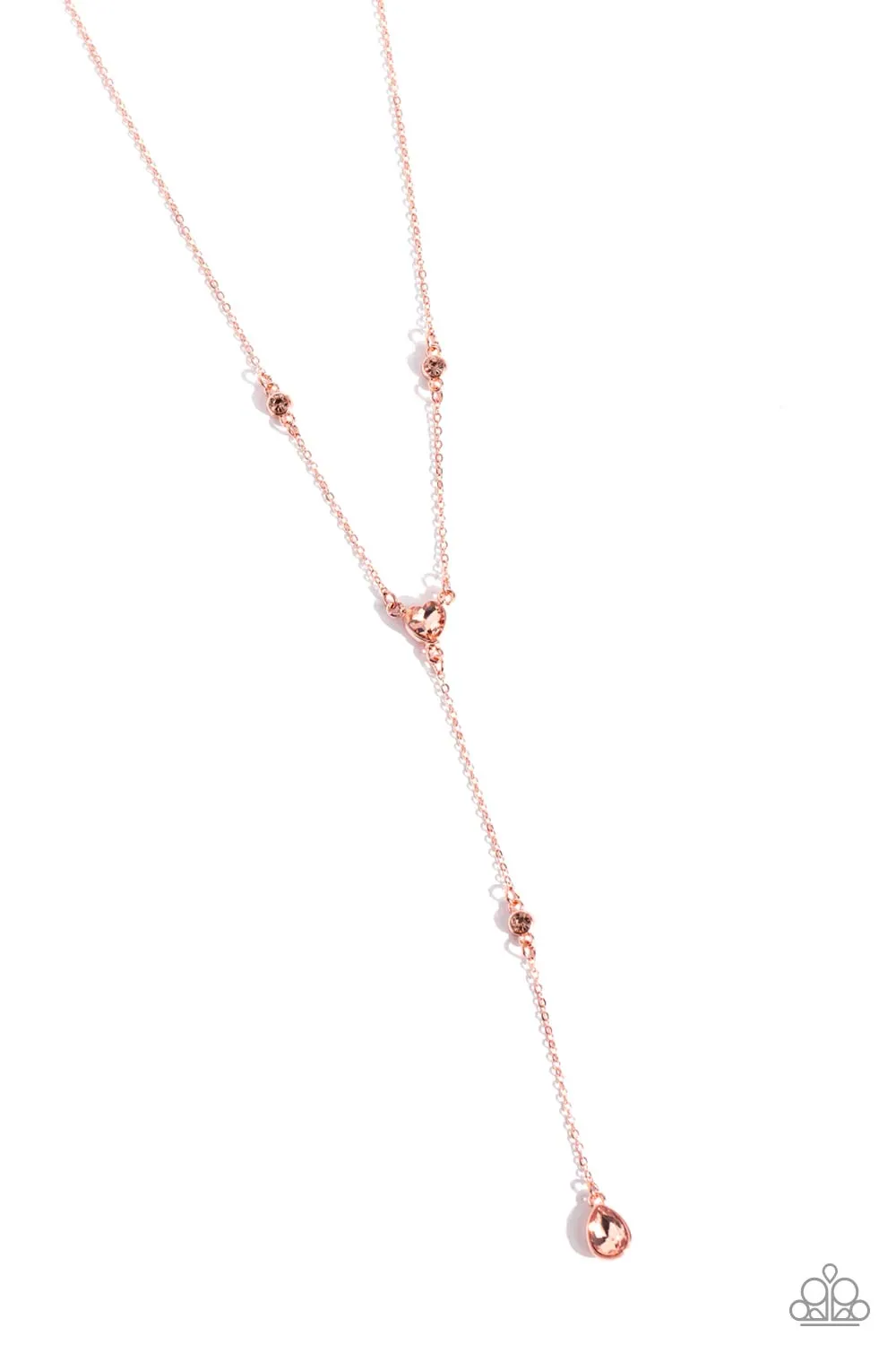 Lavish Lariat - Copper - Peach Gem with Heart Y-Shaped Paparazzi Short Necklace