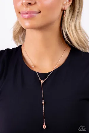 Lavish Lariat - Copper - Peach Gem with Heart Y-Shaped Paparazzi Short Necklace