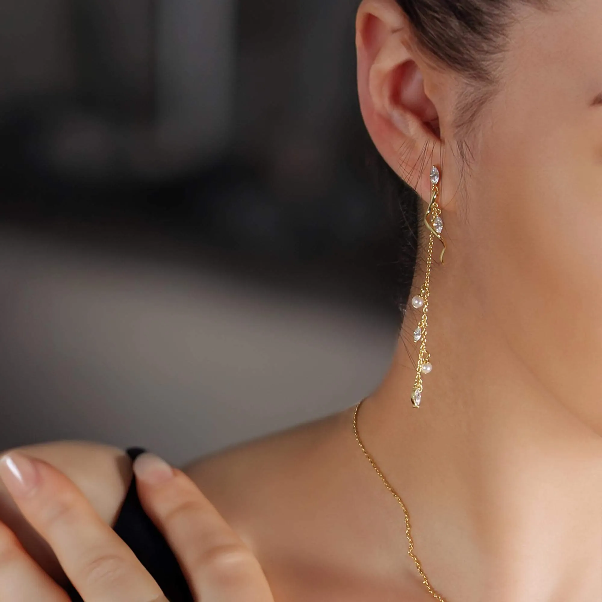Leaf Tassel Pearl Drop Earrings Nature's Grace Collection