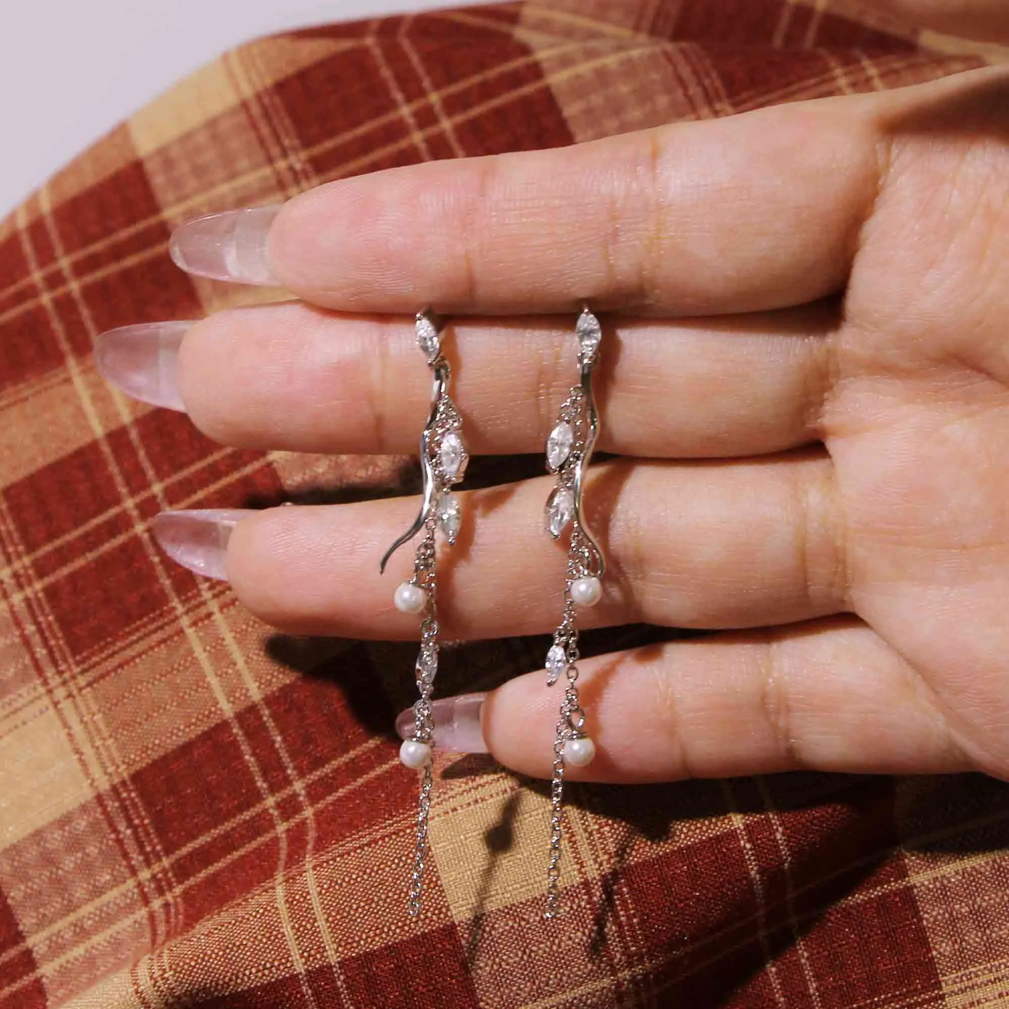 Leaf Tassel Pearl Drop Earrings Nature's Grace Collection