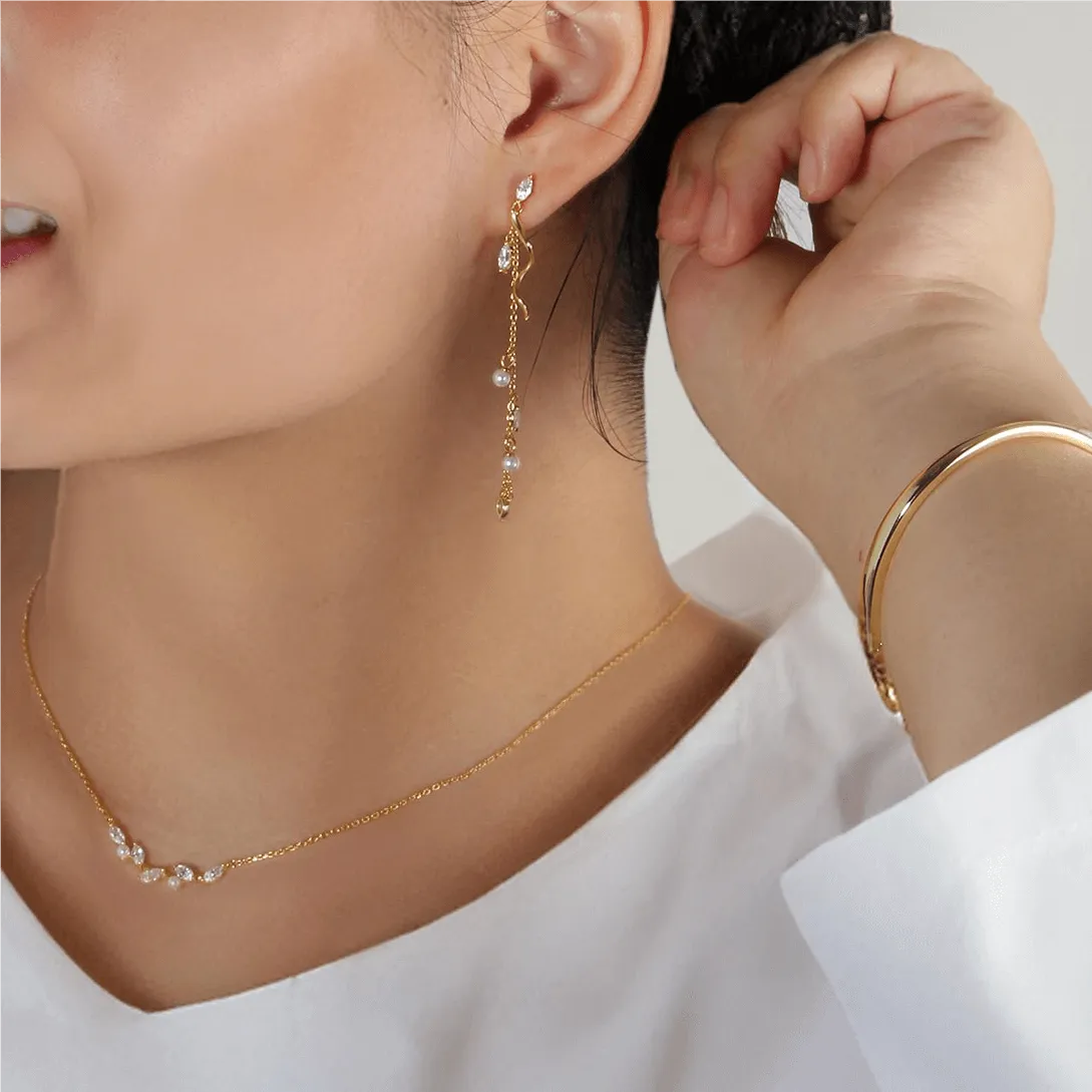 Leaf Tassel Pearl Drop Earrings Nature's Grace Collection