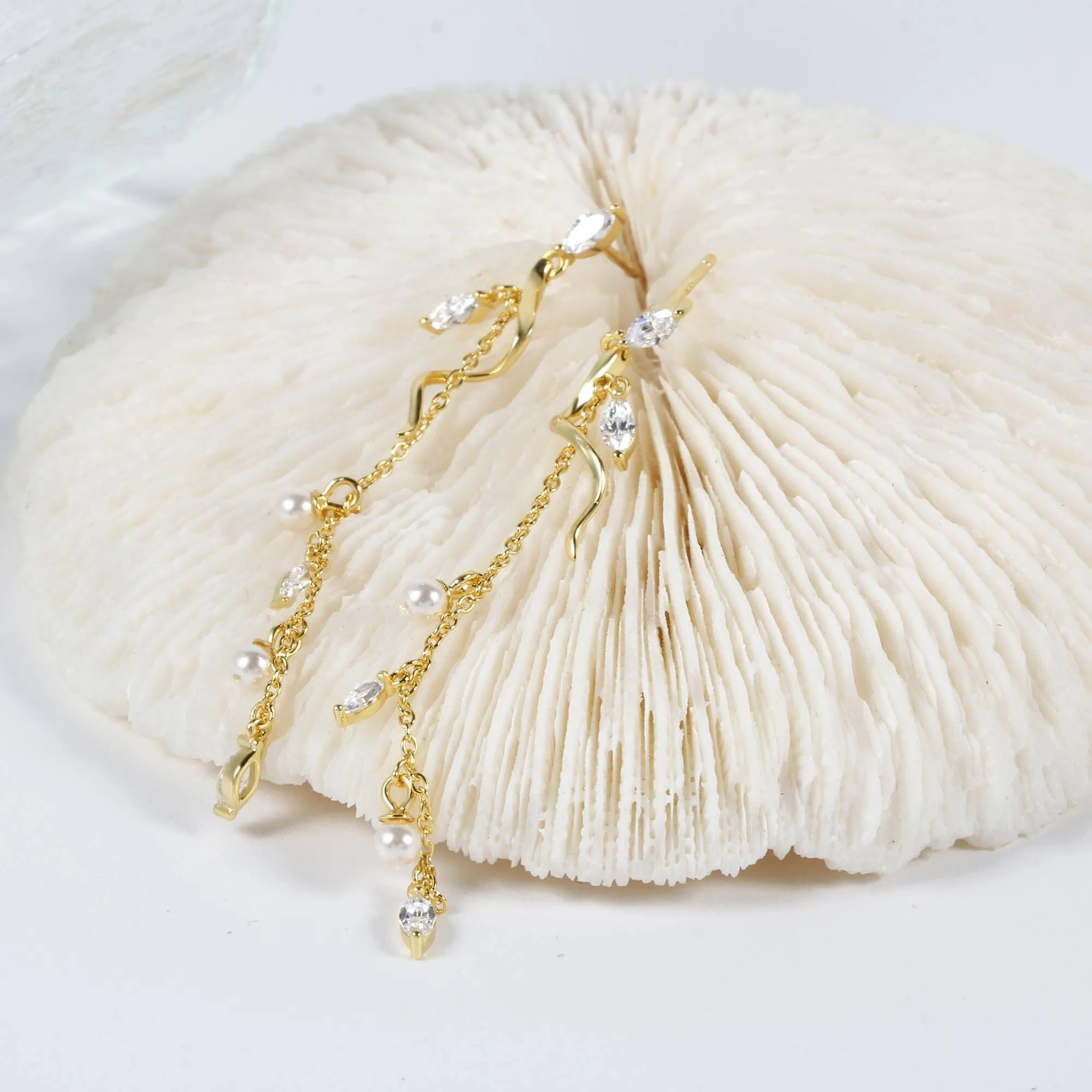 Leaf Tassel Pearl Drop Earrings Nature's Grace Collection