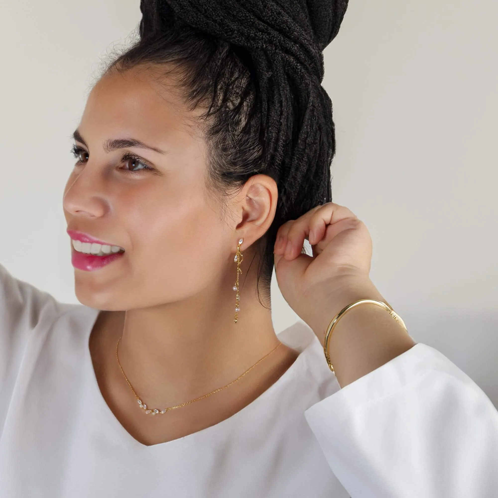 Leaf Tassel Pearl Drop Earrings Nature's Grace Collection