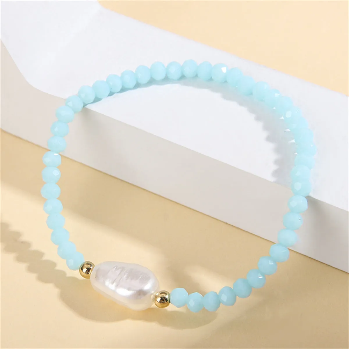 Light Blue Acrylic & Pearl Beaded Stretch Bracelet