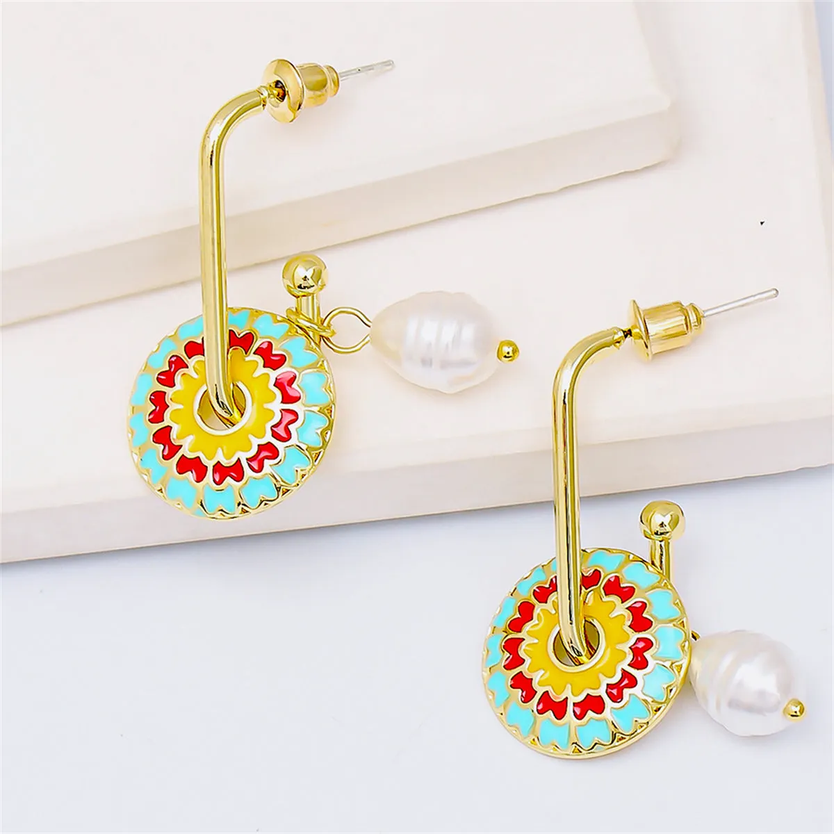 Light Green Enamel & Pearl 18K Gold-Plated Flower Drop Earrings