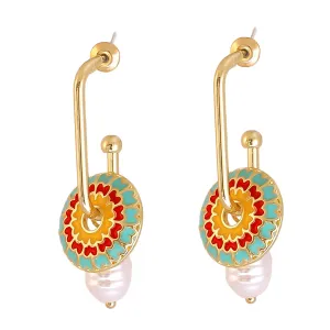 Light Green Enamel & Pearl 18K Gold-Plated Flower Drop Earrings