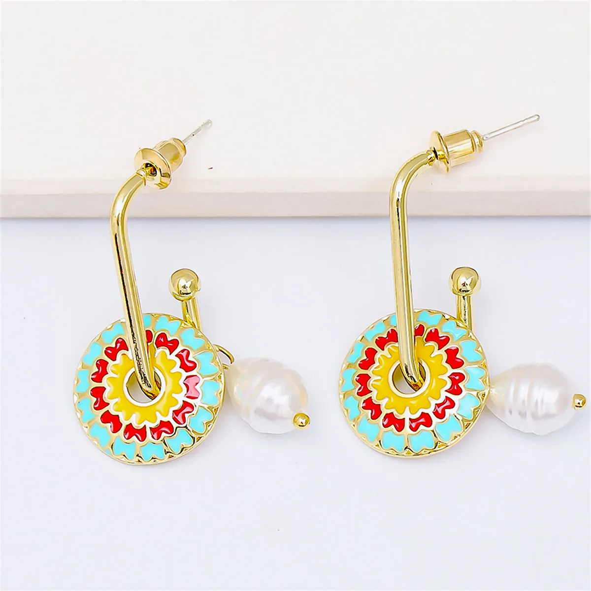 Light Green Enamel & Pearl 18K Gold-Plated Flower Drop Earrings