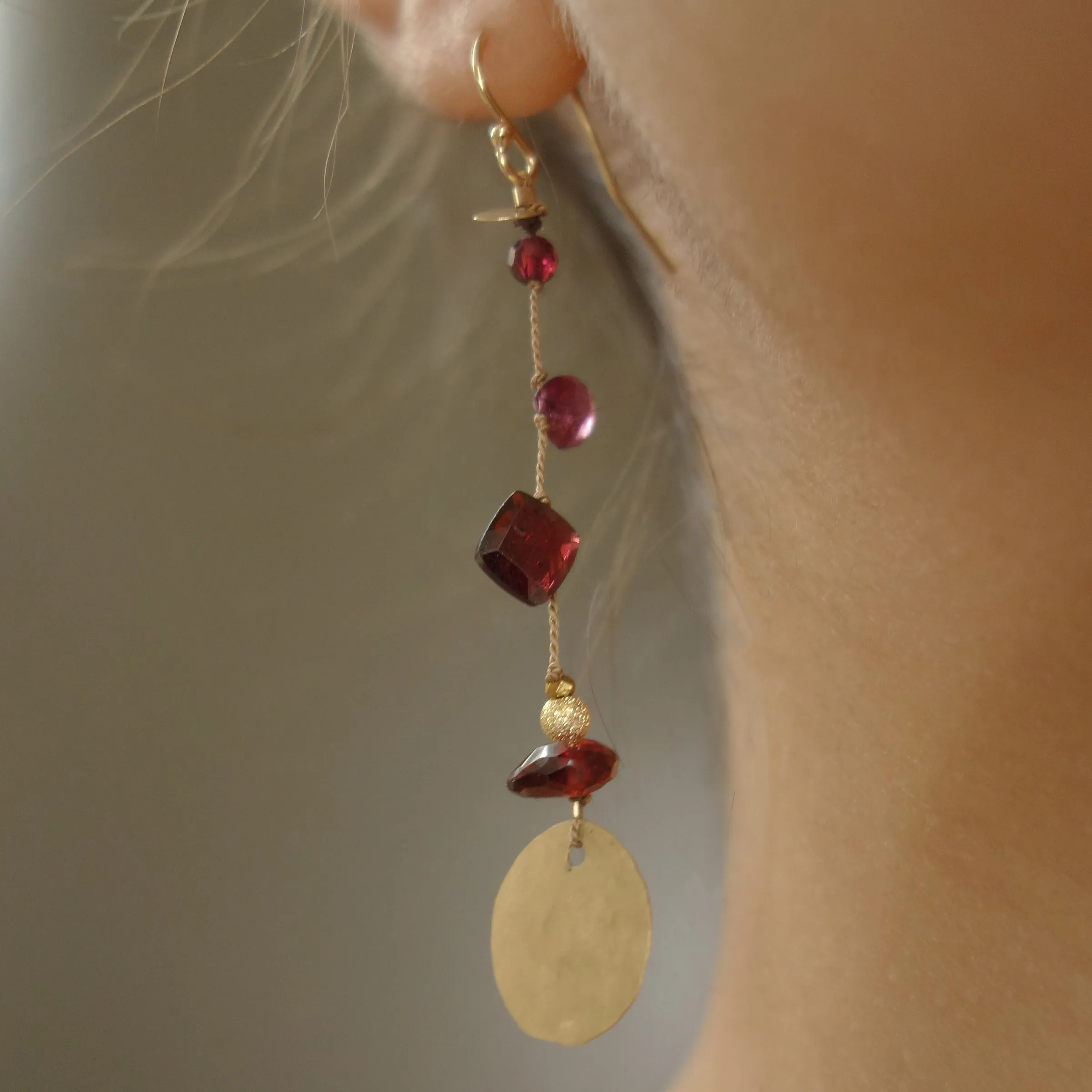 Like Red on a Rose (garnet and gold on silk earring)