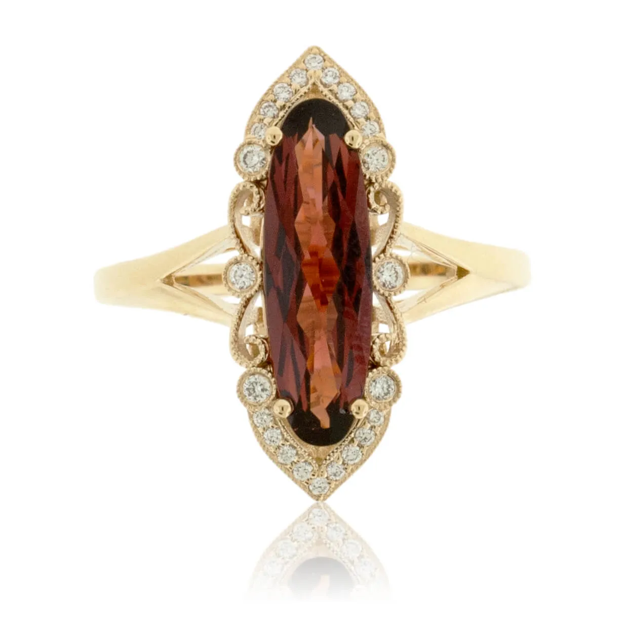 Long Oval Garnet & Diamond Vintage Inspired Ring