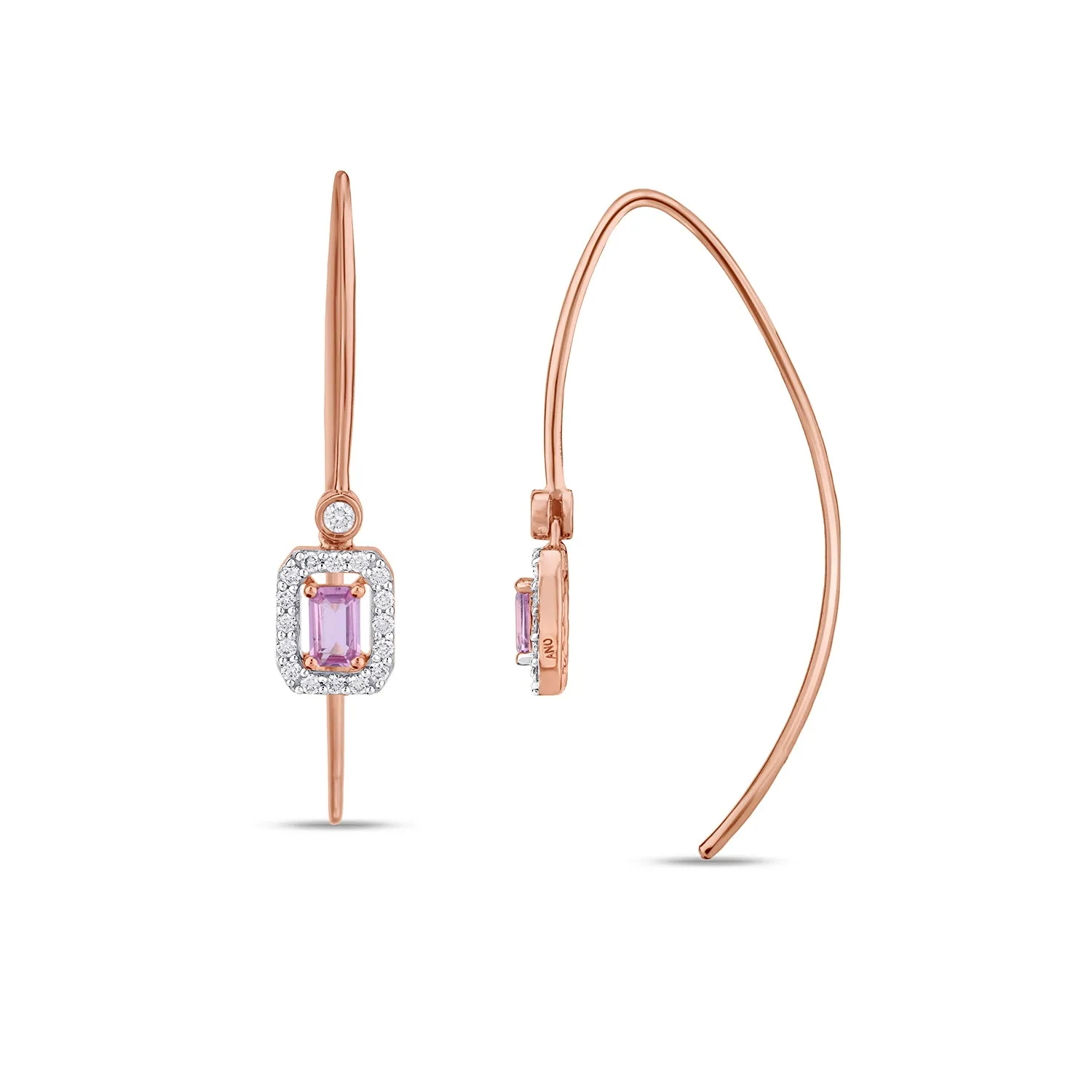 Long Pipe Diamond Halo & Pink Sapphire  Earrings