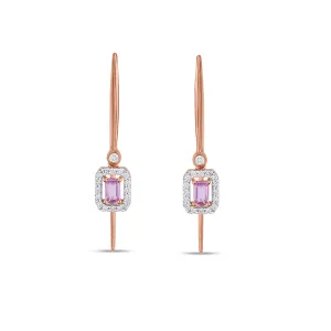 Long Pipe Diamond Halo & Pink Sapphire  Earrings