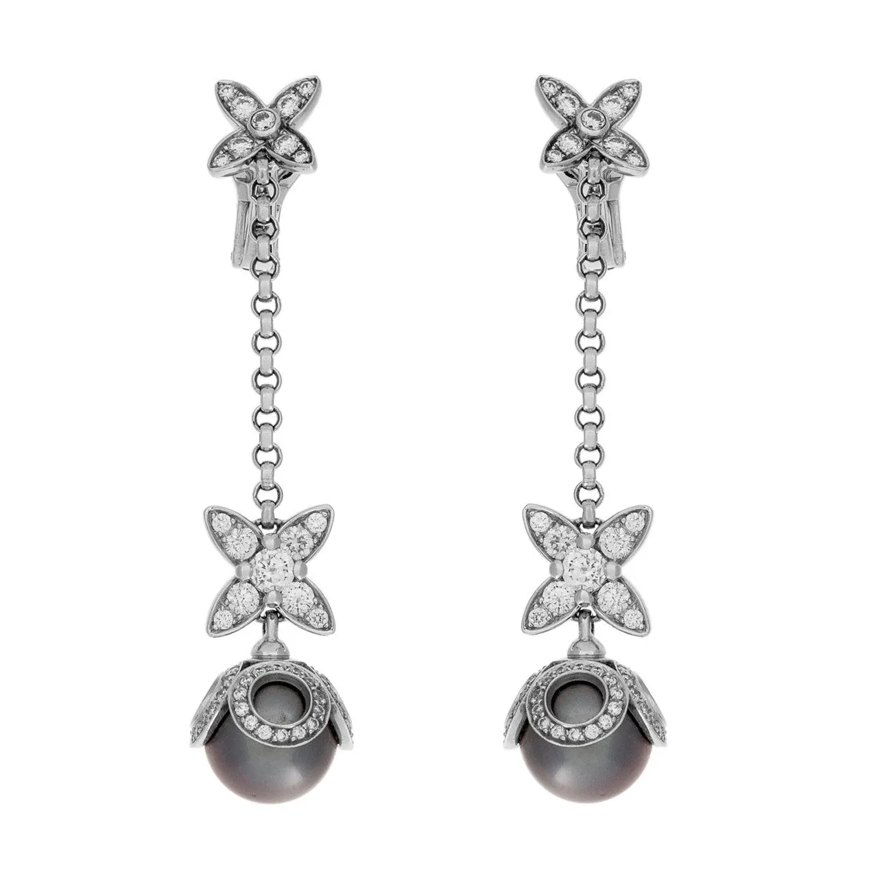 Louis Vuitton 18K White Gold, Diamond, Tahitian Pearl Elegantes Ear Pendants