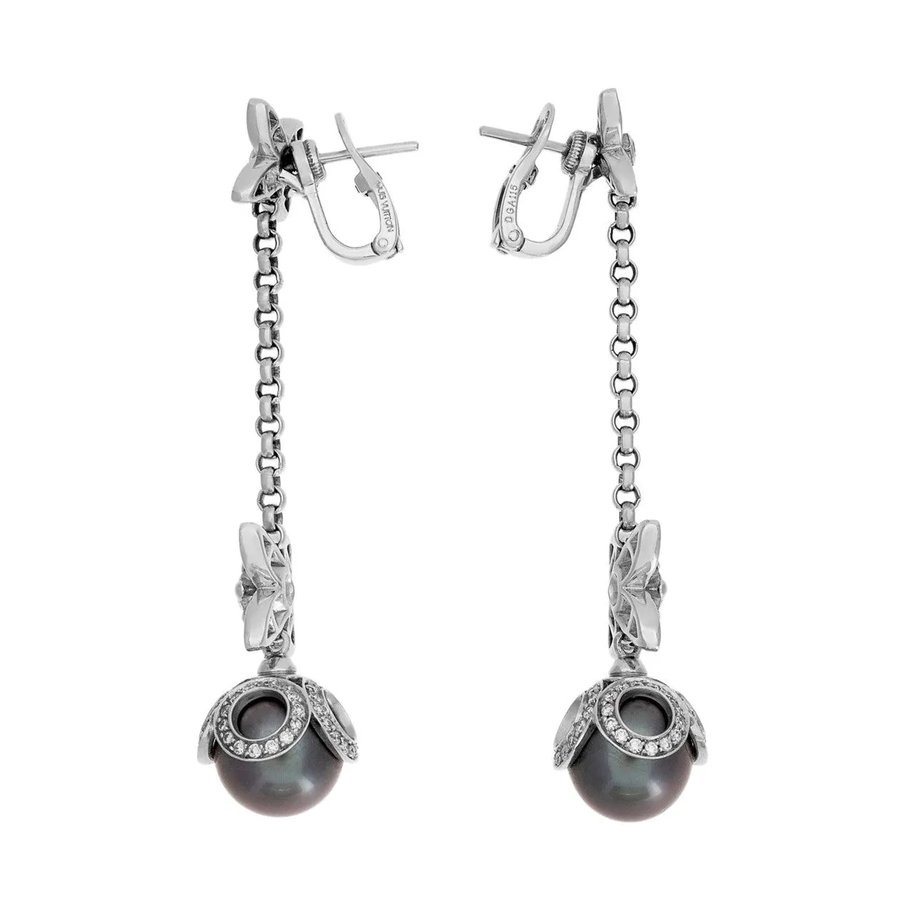 Louis Vuitton 18K White Gold, Diamond, Tahitian Pearl Elegantes Ear Pendants