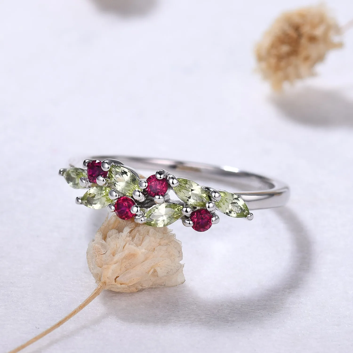 Marquise Peridot Ruby Cluster Wedding Band White Gold Ring Multi-Color Band