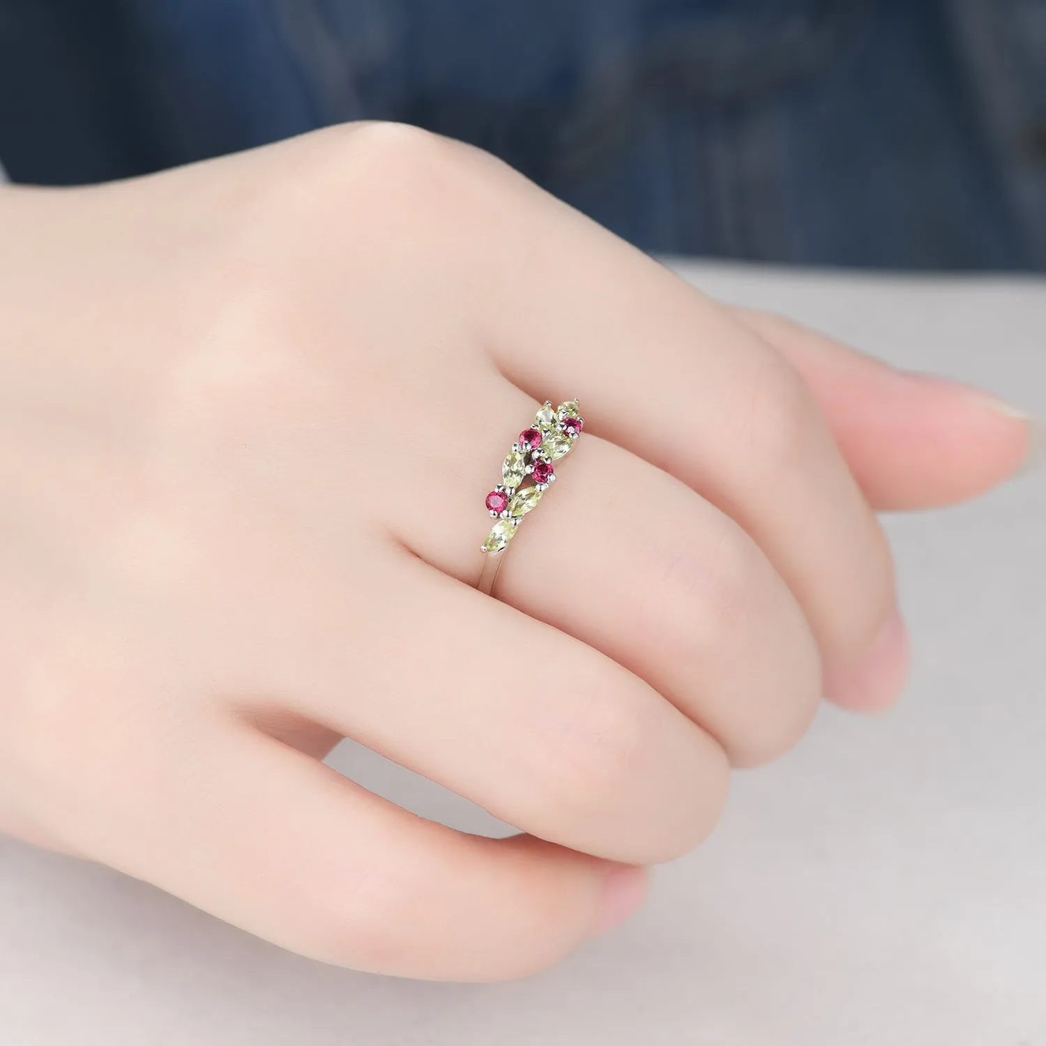 Marquise Peridot Ruby Cluster Wedding Band White Gold Ring Multi-Color Band
