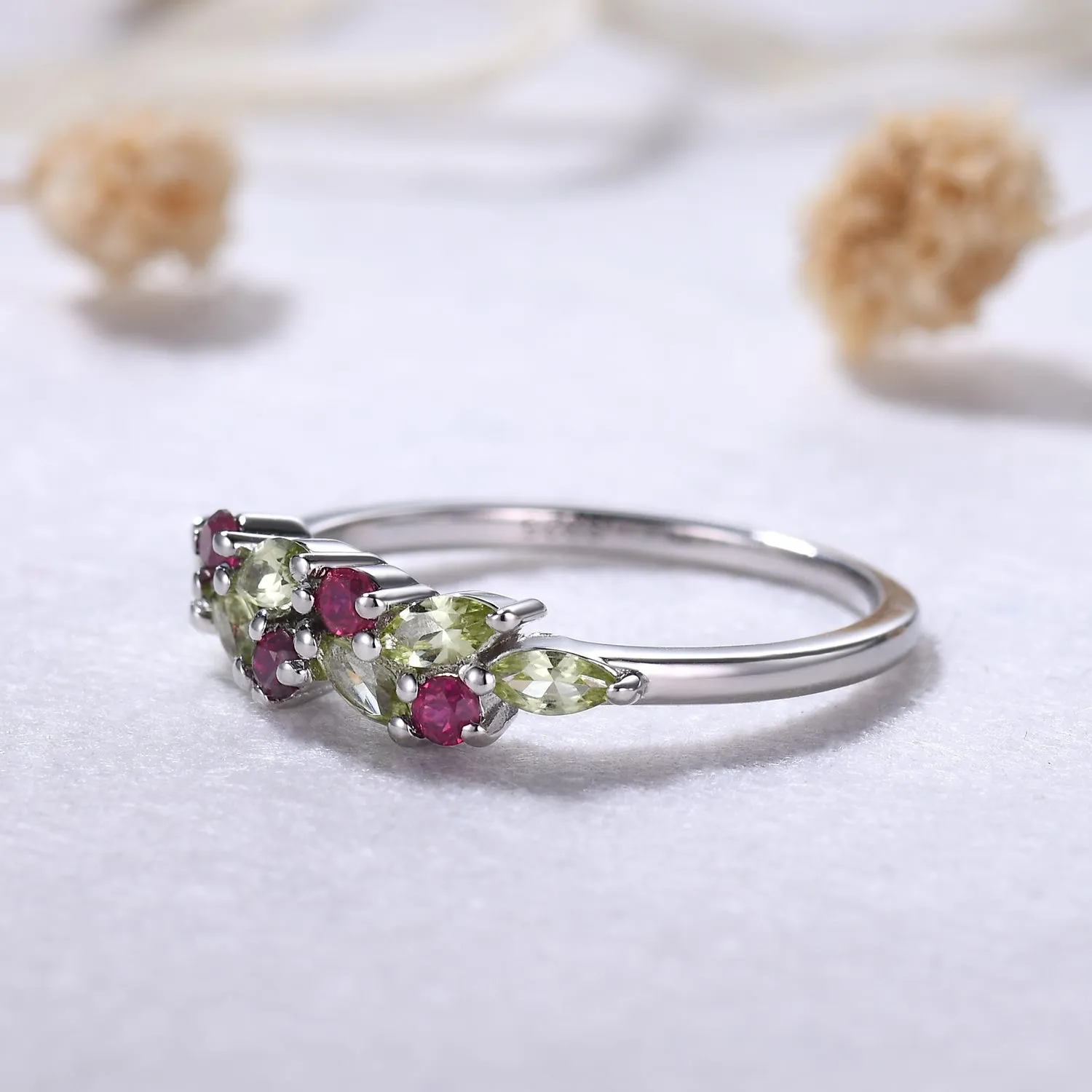 Marquise Peridot Ruby Cluster Wedding Band White Gold Ring Multi-Color Band