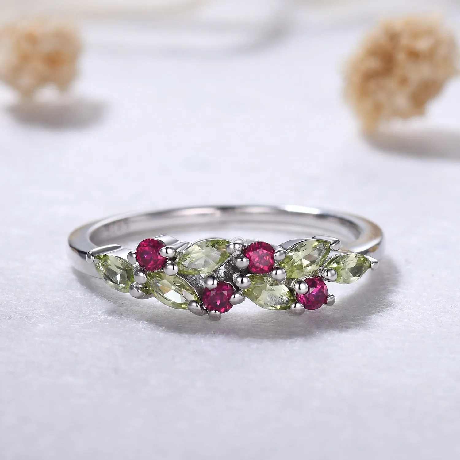 Marquise Peridot Ruby Cluster Wedding Band White Gold Ring Multi-Color Band