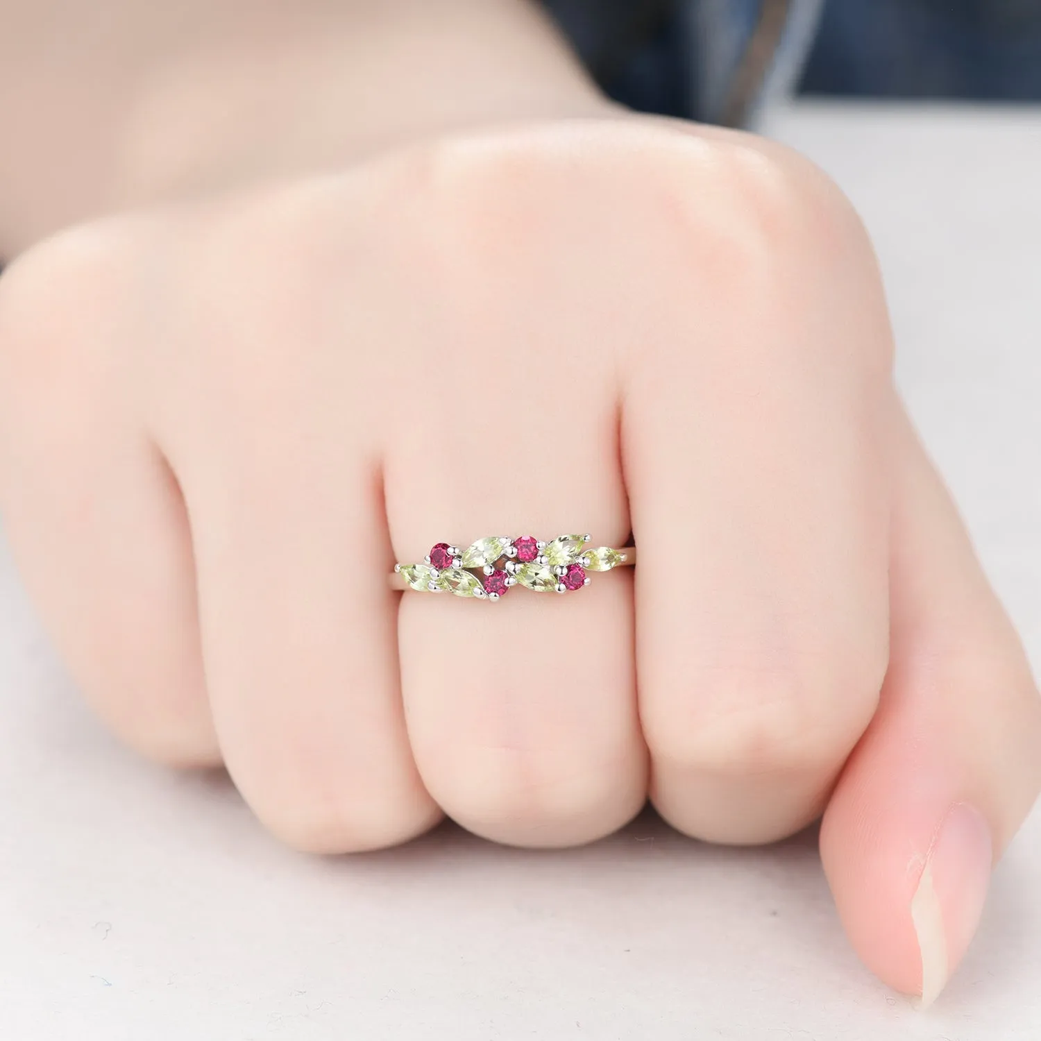 Marquise Peridot Ruby Cluster Wedding Band White Gold Ring Multi-Color Band