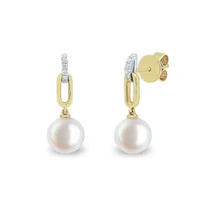 Matt Aminoff 7x7.5MM Akoya Pearl and Diamond Paperclip Drop Earrings | 18K Yellow Gold