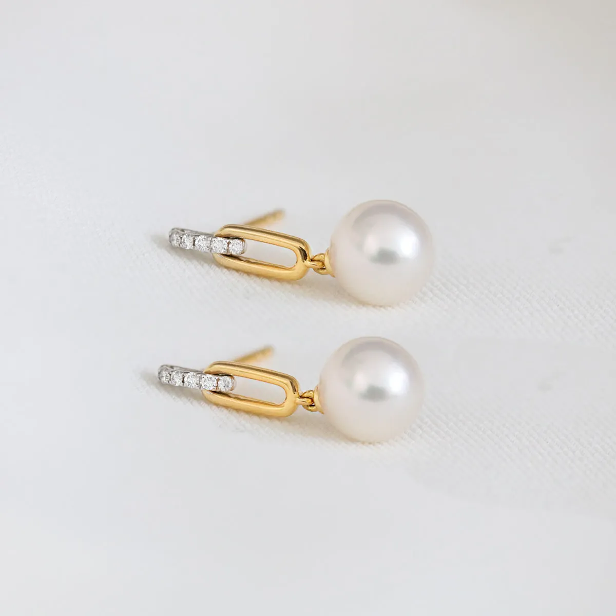 Matt Aminoff 7x7.5MM Akoya Pearl and Diamond Paperclip Drop Earrings | 18K Yellow Gold
