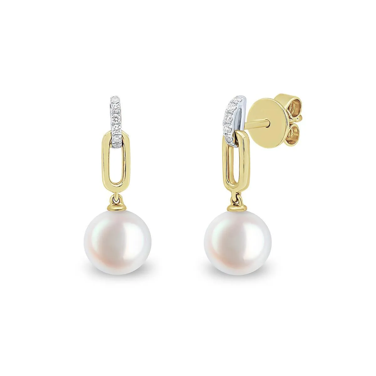 Matt Aminoff 7x7.5MM Akoya Pearl and Diamond Paperclip Drop Earrings | 18K Yellow Gold