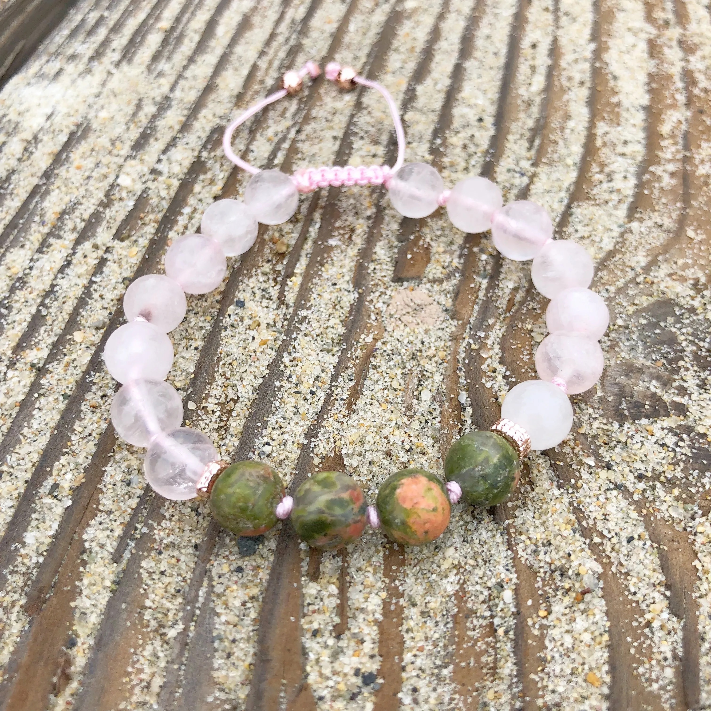 Matte Rose Quartz & Unakite Adjustable Beaded Bracelet with Rose Gold Spacers
