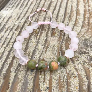 Matte Rose Quartz & Unakite Adjustable Beaded Bracelet with Rose Gold Spacers