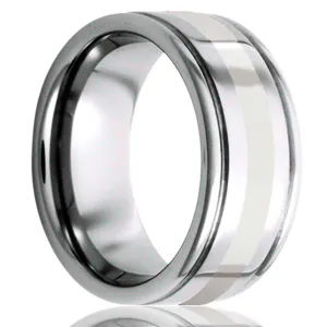 Men's Deep Grooved Tungsten Ring With Patinum Inlay