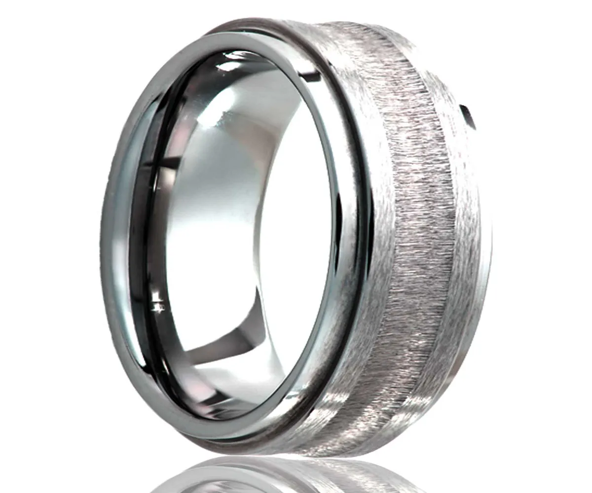 Men's Step Edge Tungsten Ring With Satin Top With A Brushed Groove
