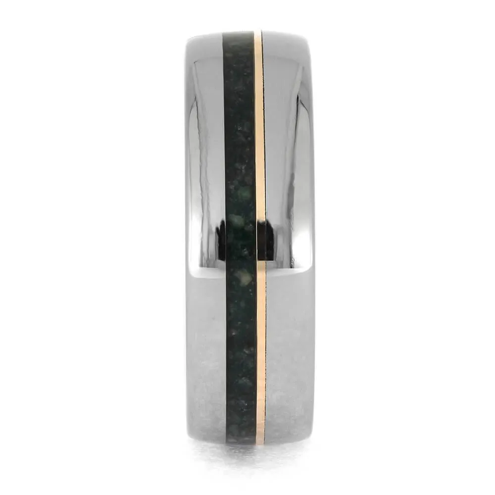 Men's Titanium and Emerald Ring with Rose Gold Pinstripe
