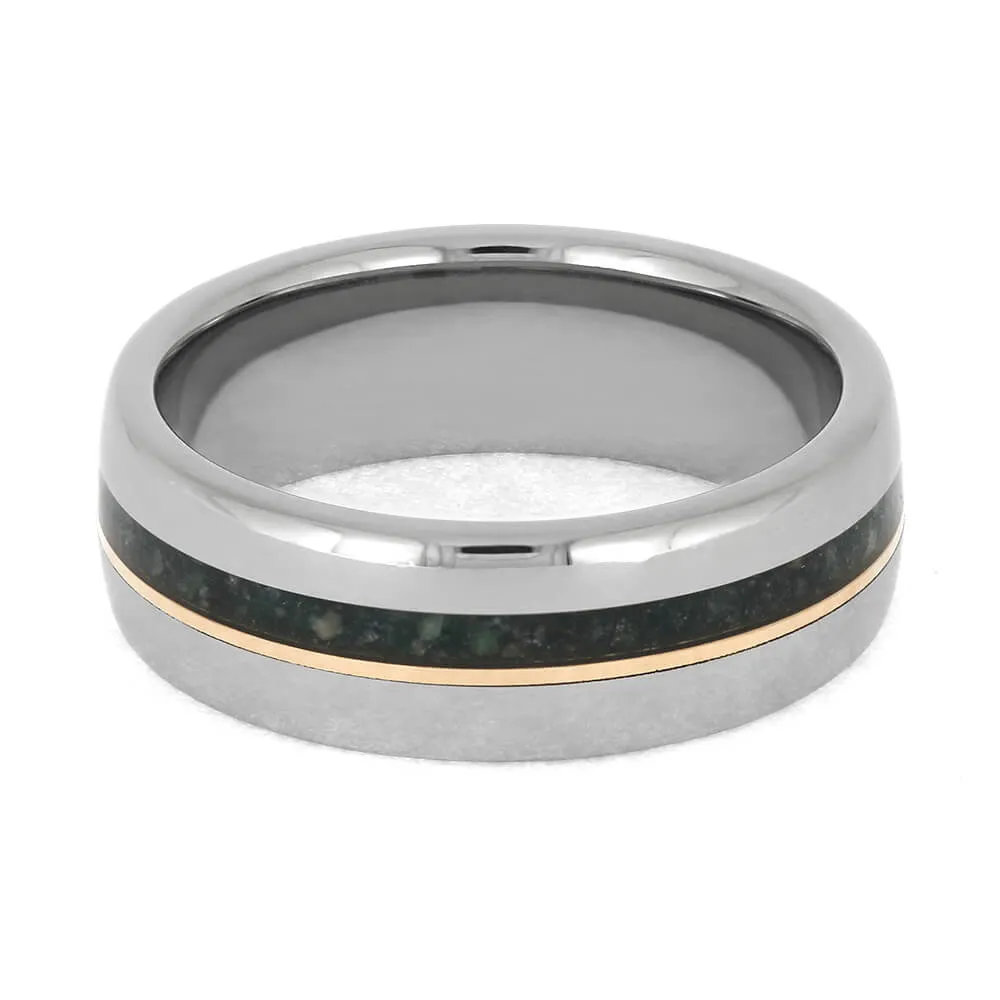 Men's Titanium and Emerald Ring with Rose Gold Pinstripe