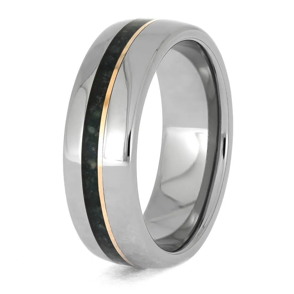 Men's Titanium and Emerald Ring with Rose Gold Pinstripe