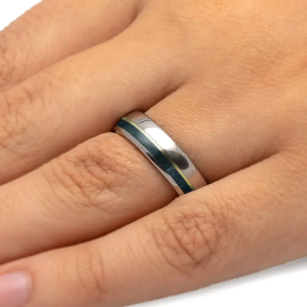 Men's Titanium and Emerald Ring with Rose Gold Pinstripe