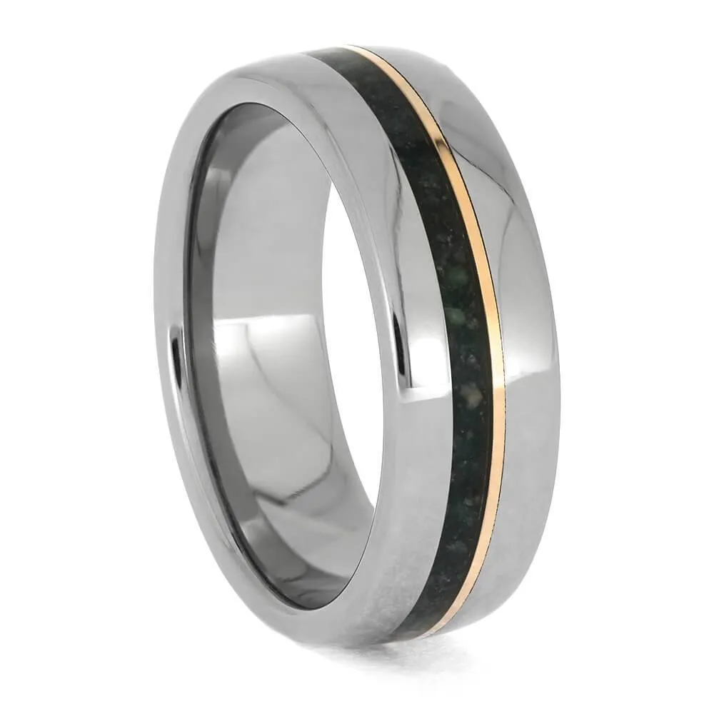 Men's Titanium and Emerald Ring with Rose Gold Pinstripe