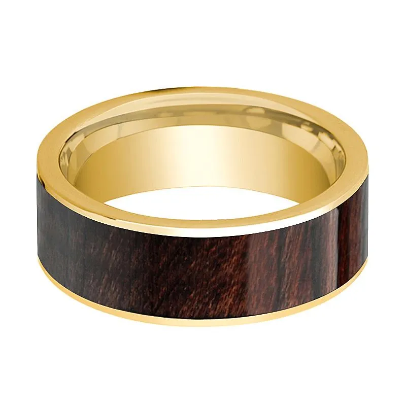 Mens Wedding Band 14k Yellow Gold & Bubinga Wood Inlaid Polished Finish  - 8mm