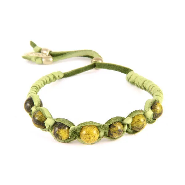 Mens Yellow Turquoise Semi Precious Beaded Deerskin Leather Adjustable Bracelet