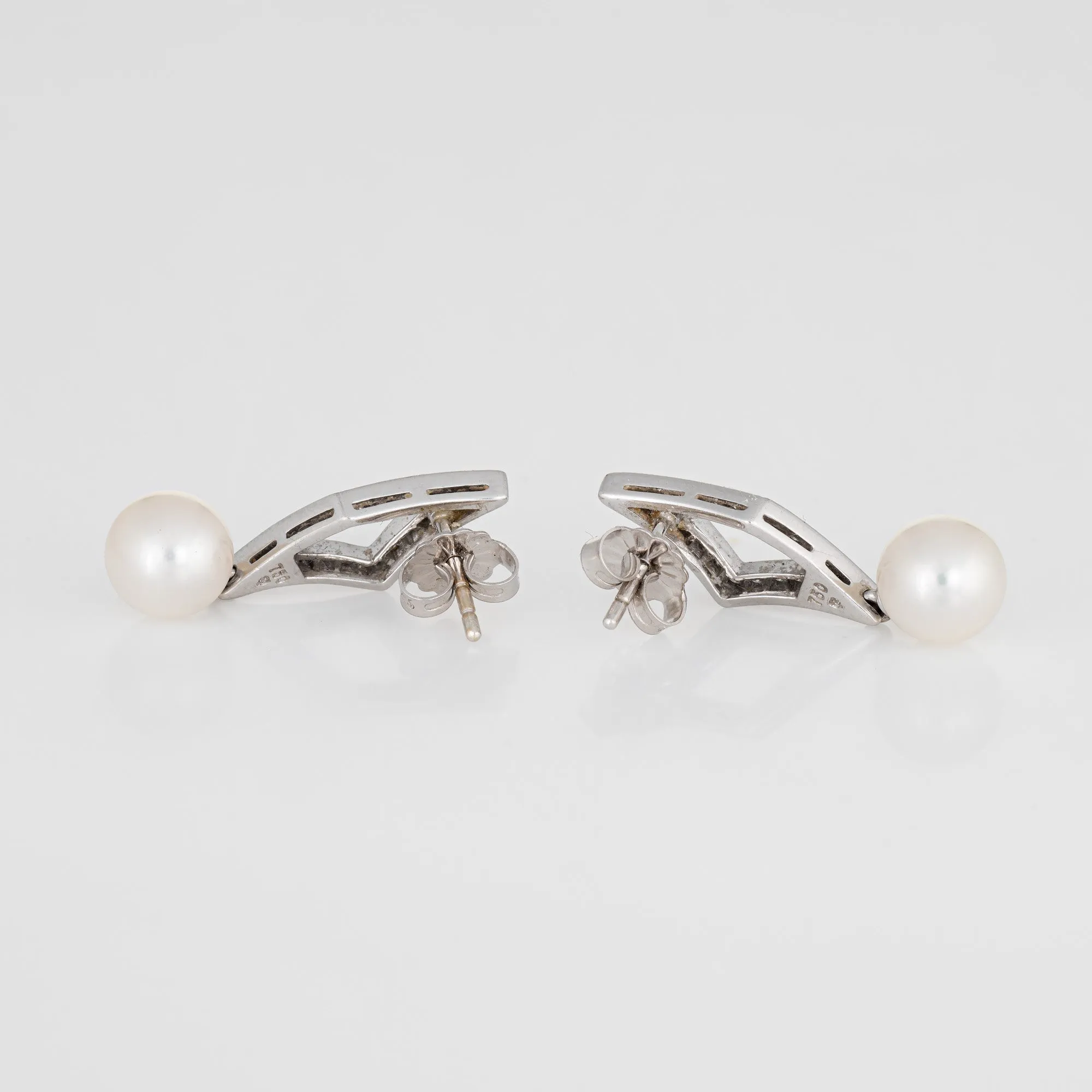 Mikimoto Diamond Cultured Akoya Pearl Earrings 18k White Gold Estate Triangle