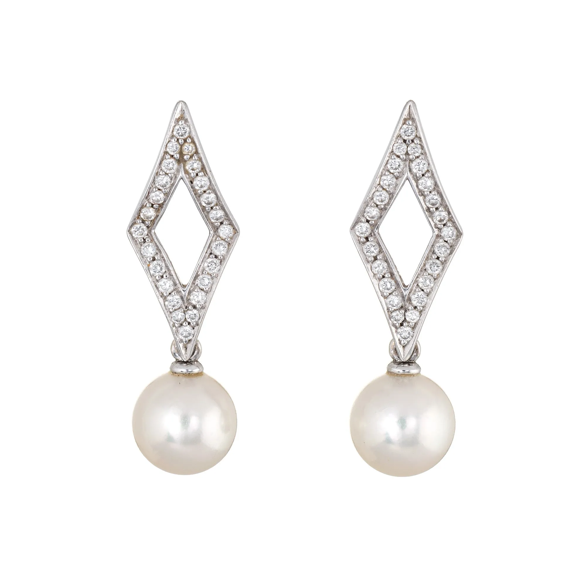 Mikimoto Diamond Cultured Akoya Pearl Earrings 18k White Gold Estate Triangle