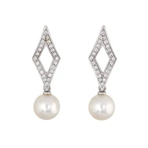 Mikimoto Diamond Cultured Akoya Pearl Earrings 18k White Gold Estate Triangle