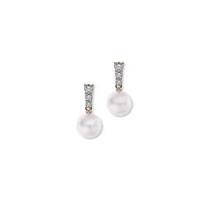 Mikimoto Morning Dew Yellow Gold Akoya A  Pearl Earrings with Diamonds