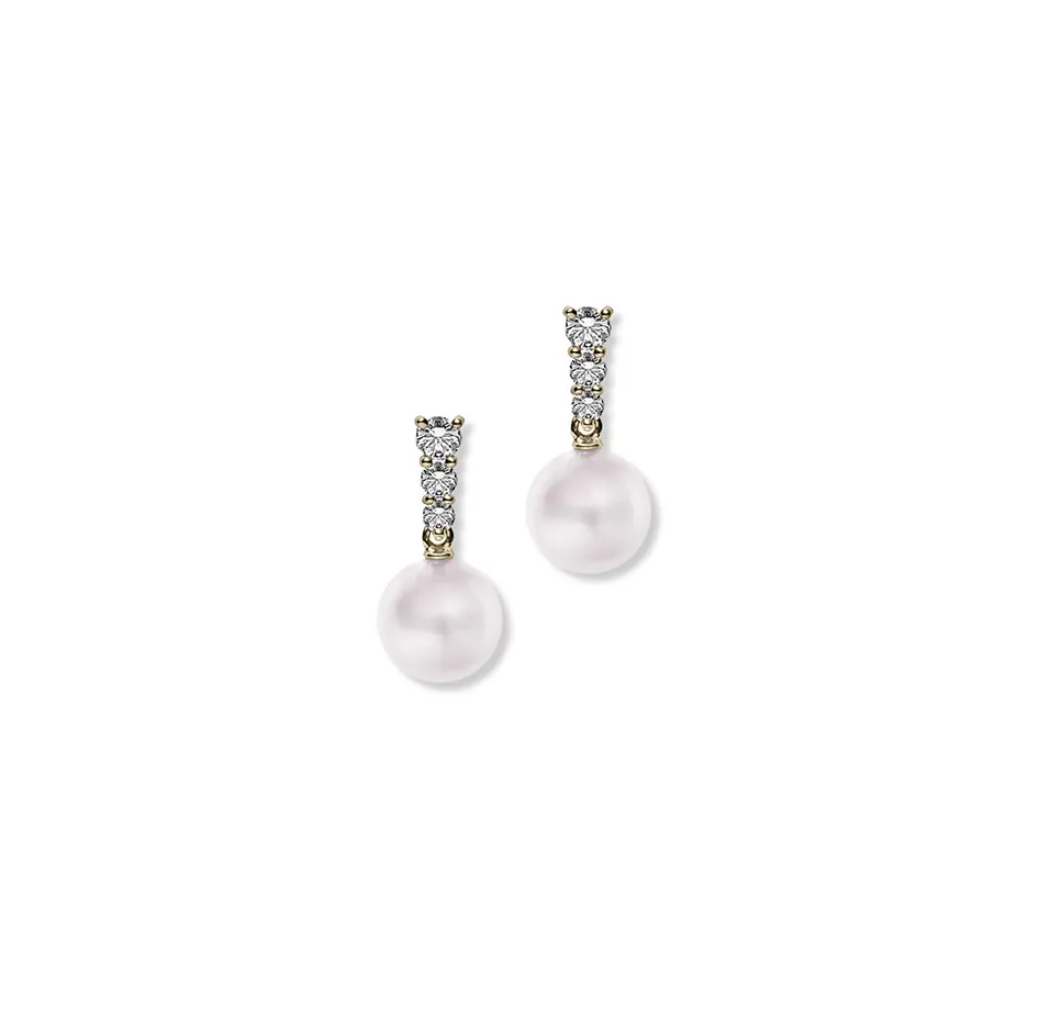Mikimoto Morning Dew Yellow Gold Akoya A  Pearl Earrings with Diamonds