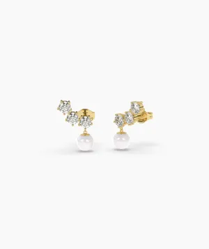 Modern Diamond and Pearl Drop Earrings