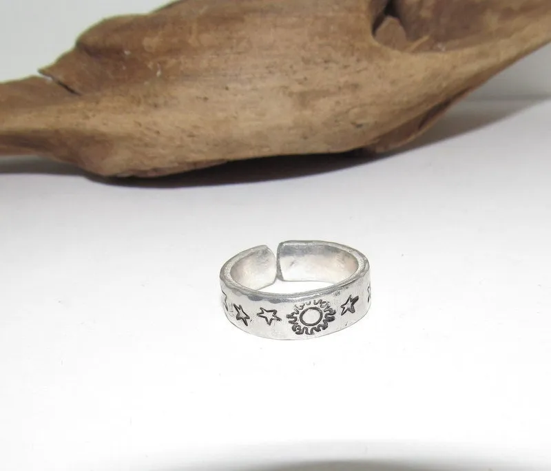 Moon and stars Personalized Adjustable stamped ring,  inspiration rings, adjustable silver ring, stamped jewelry, boho  moon ring