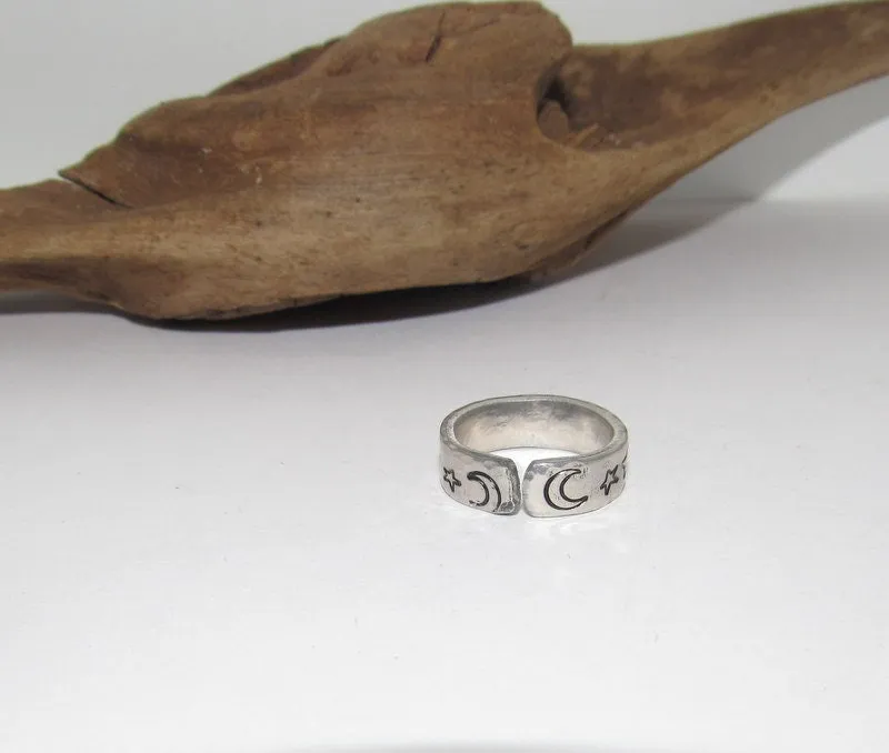 Moon and stars Personalized Adjustable stamped ring,  inspiration rings, adjustable silver ring, stamped jewelry, boho  moon ring