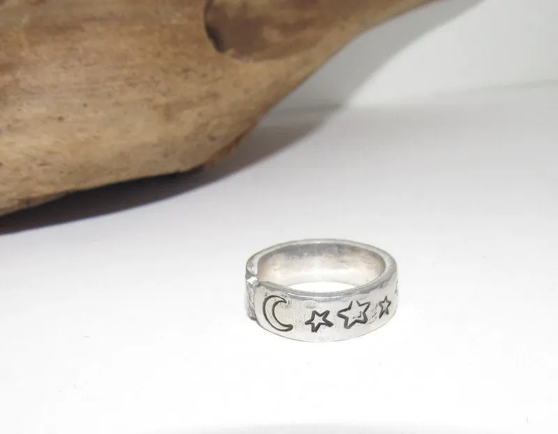 Moon and stars Personalized Adjustable stamped ring,  inspiration rings, adjustable silver ring, stamped jewelry, boho  moon ring