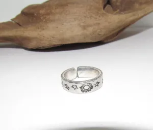 Moon and stars Personalized Adjustable stamped ring,  inspiration rings, adjustable silver ring, stamped jewelry, boho  moon ring