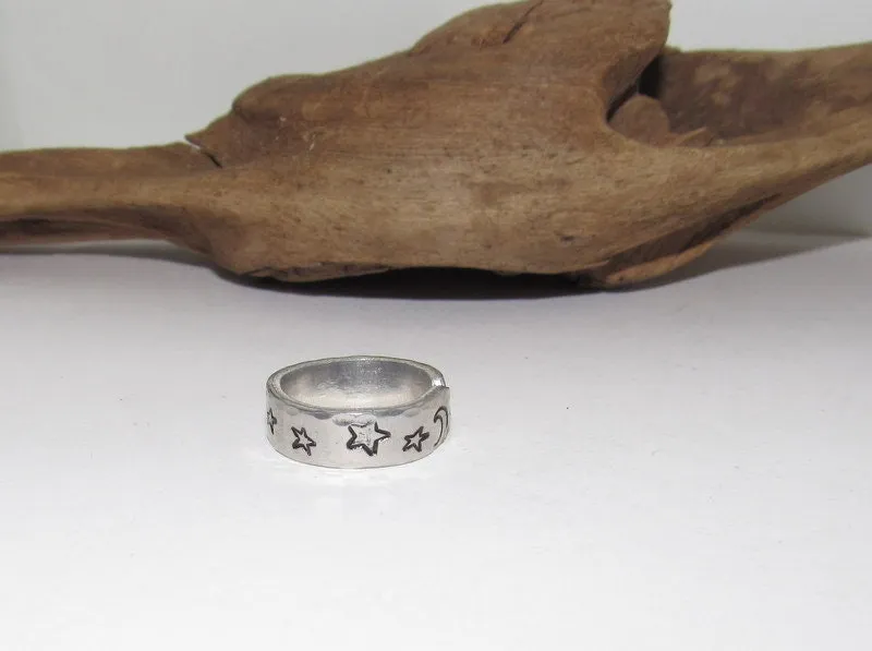Moon and stars Personalized Adjustable stamped ring,  inspiration rings, adjustable silver ring, stamped jewelry, boho  moon ring