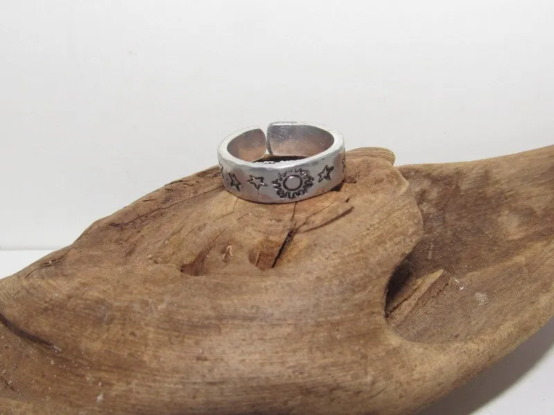 Moon and stars Personalized Adjustable stamped ring,  inspiration rings, adjustable silver ring, stamped jewelry, boho  moon ring